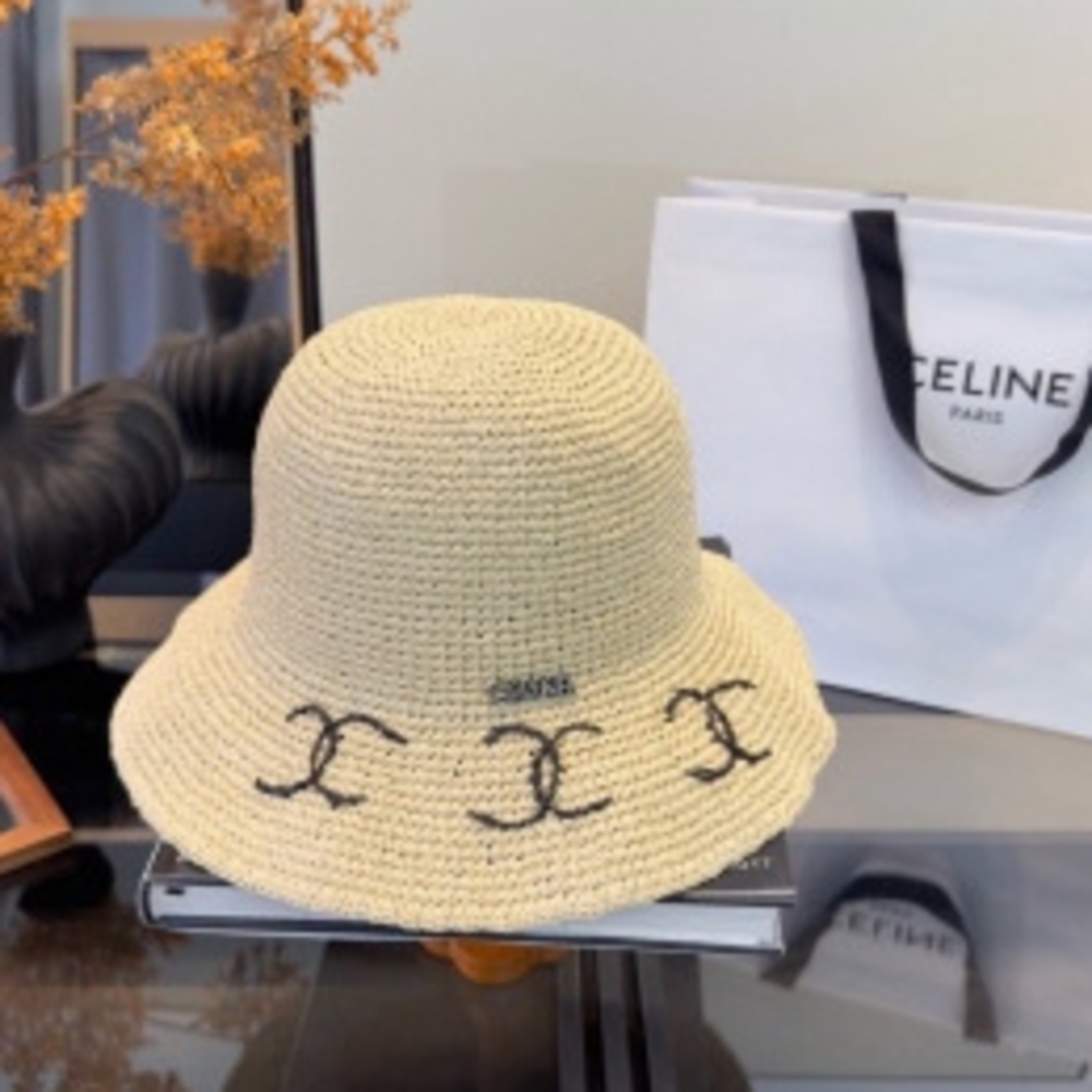 💎Chanel Multi Double C Embroidered Crochet Straw Bucket Sun Hat